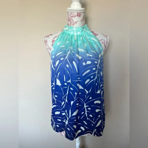 Vineyard Vines Aqua Blue white printed cotton-silk tie halter top size 2 - Picture 4 of 10